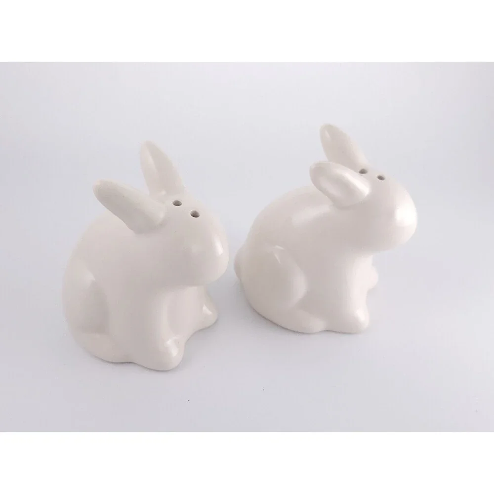 White Ceramic Bunny Salt and Pepper Shakers Set Miniature Rabbit Easter Spring